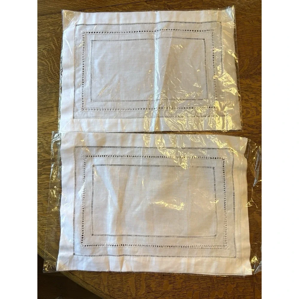White Hemstitched Linen Placemats - Set of 3
